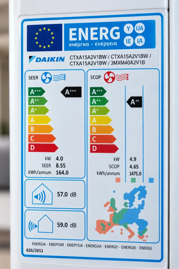 Étiquette énergie d'une climatisation réversible avec classes en chauffage et en refroidissement