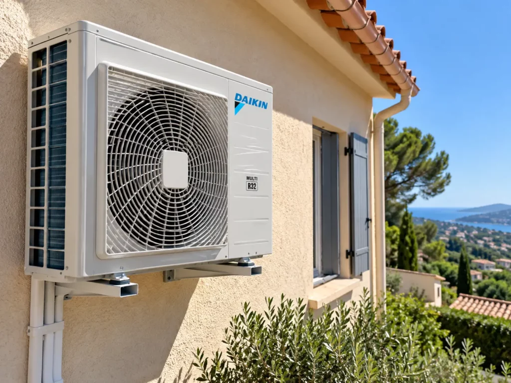 Groupe extérieur de climatisation multisplit posé sur la façade d'une villa dans le Var